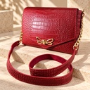 Croc-Embossed Leather Crossbody Bag with Butterfly Clasp - Red 2