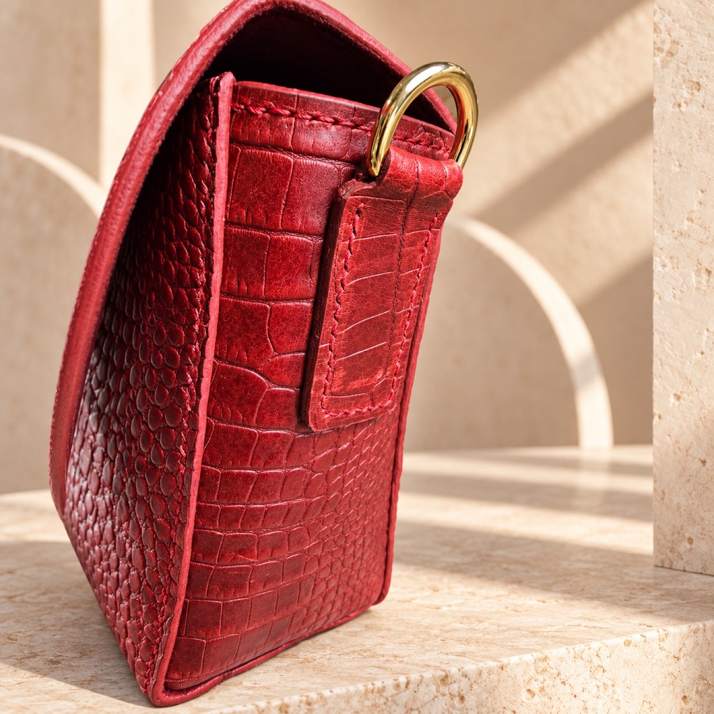 Croc-Embossed Leather Crossbody Bag with Butterfly Clasp - Red 3