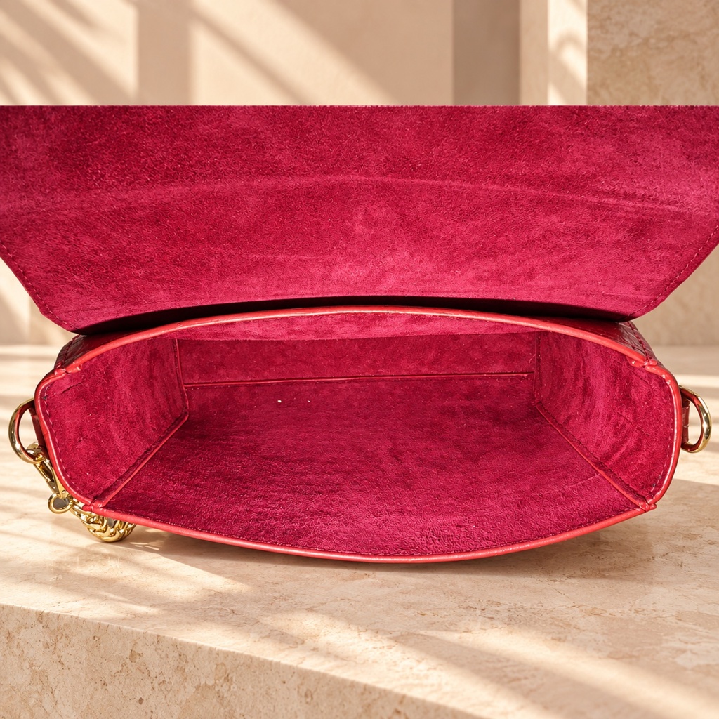 Croc-Embossed Leather Crossbody Bag with Butterfly Clasp - Red 4
