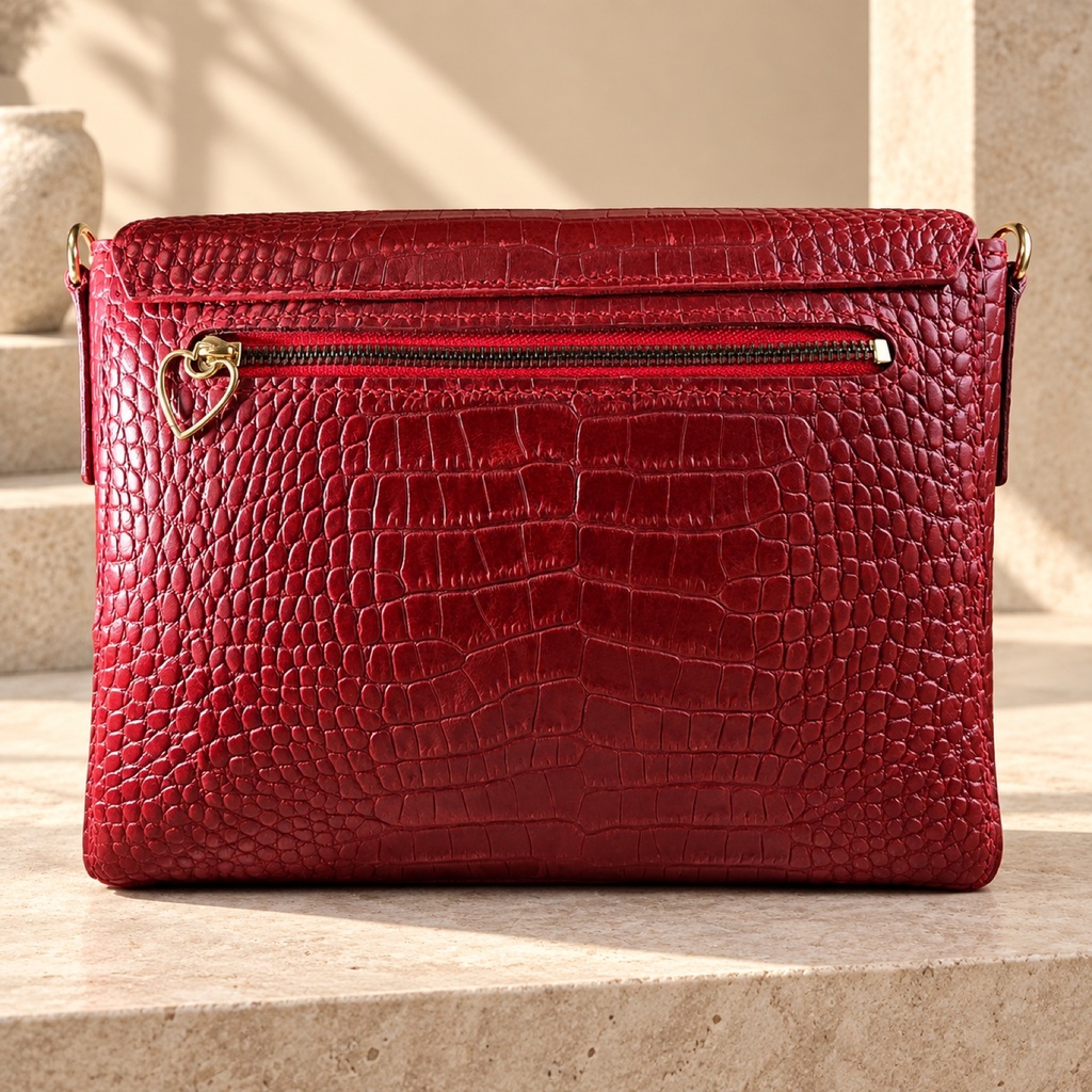 Croc-Embossed Leather Crossbody Bag with Butterfly Clasp - Red 5