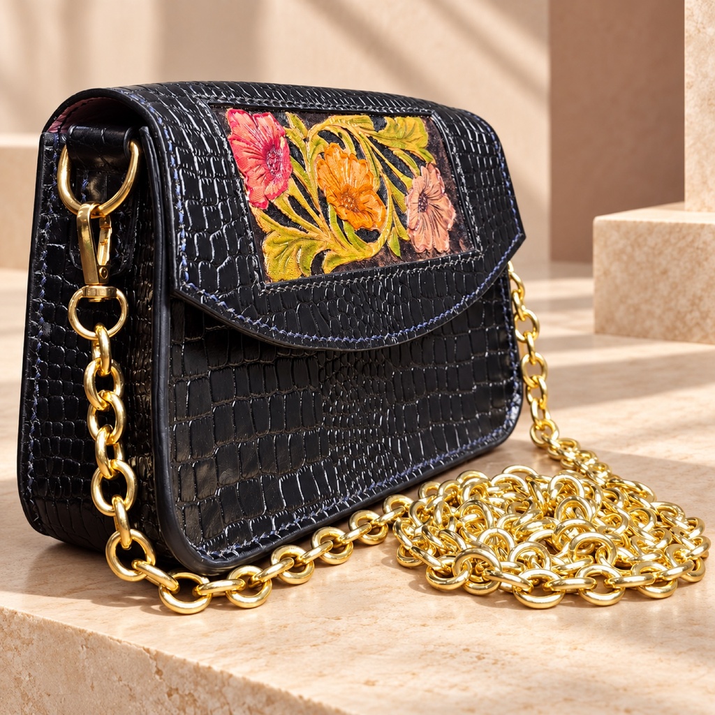 Hand-Tooled Croc-Embossed Crossbody Bag - Black 4