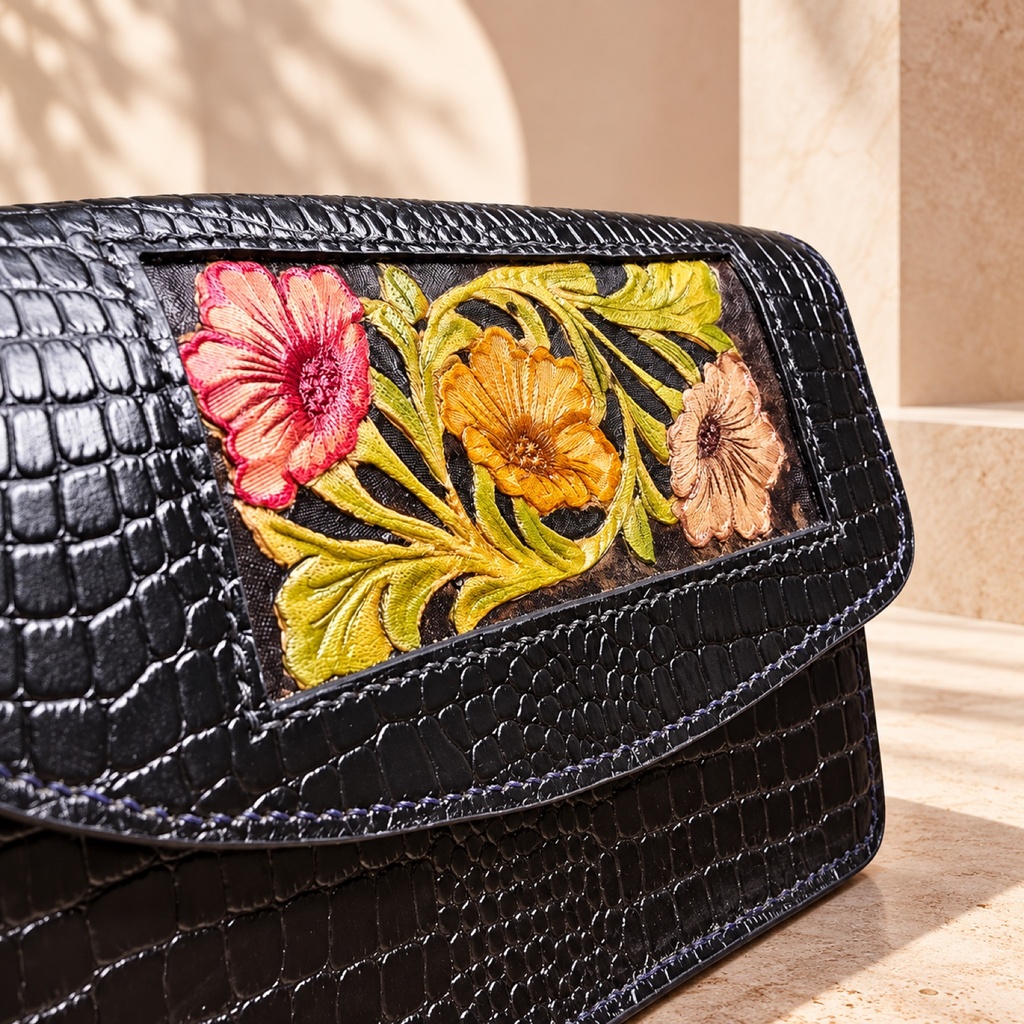 Hand-Tooled Croc-Embossed Crossbody Bag - Black 5