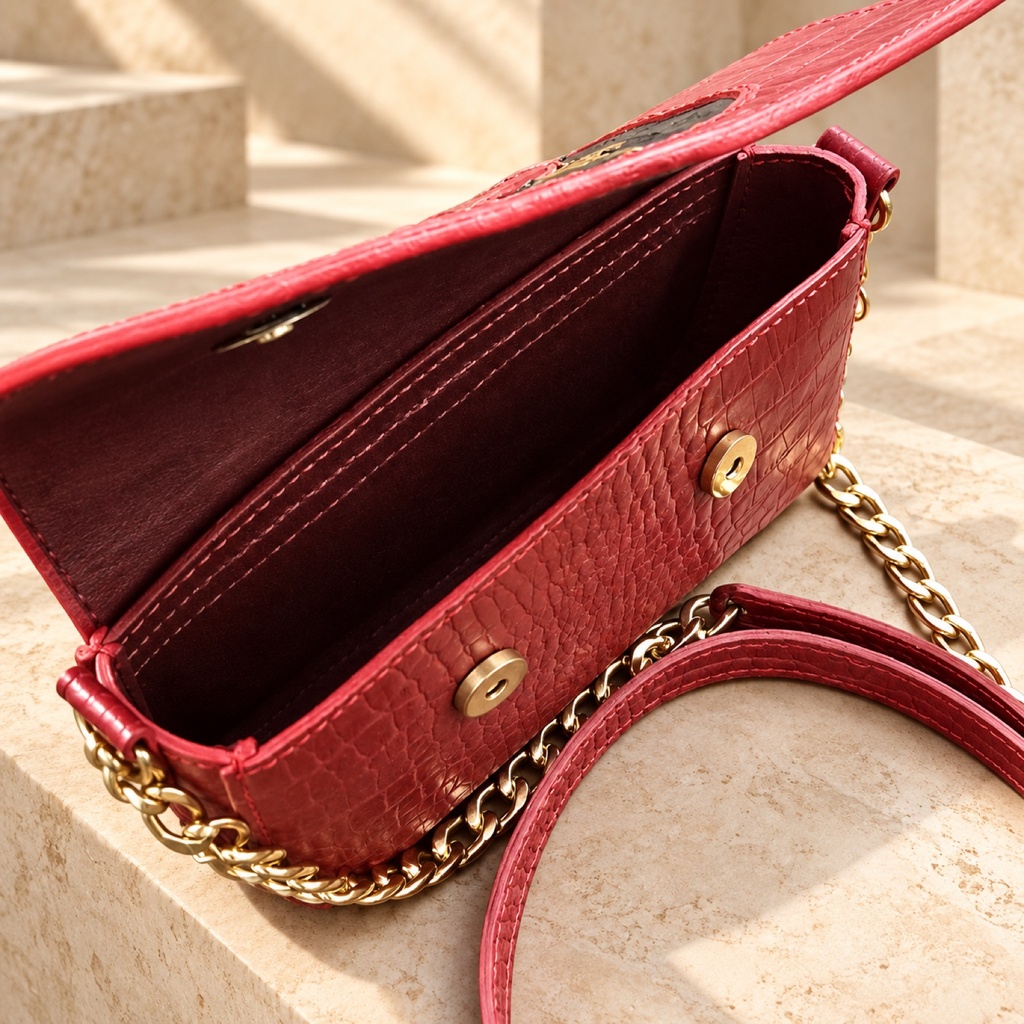 Hand-Painted Floral Croc-Embossed Crossbody Bag - Red 3