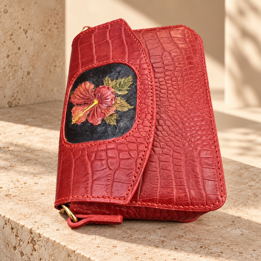 Hand-Painted Floral Croc-Embossed Crossbody Bag - Red 4