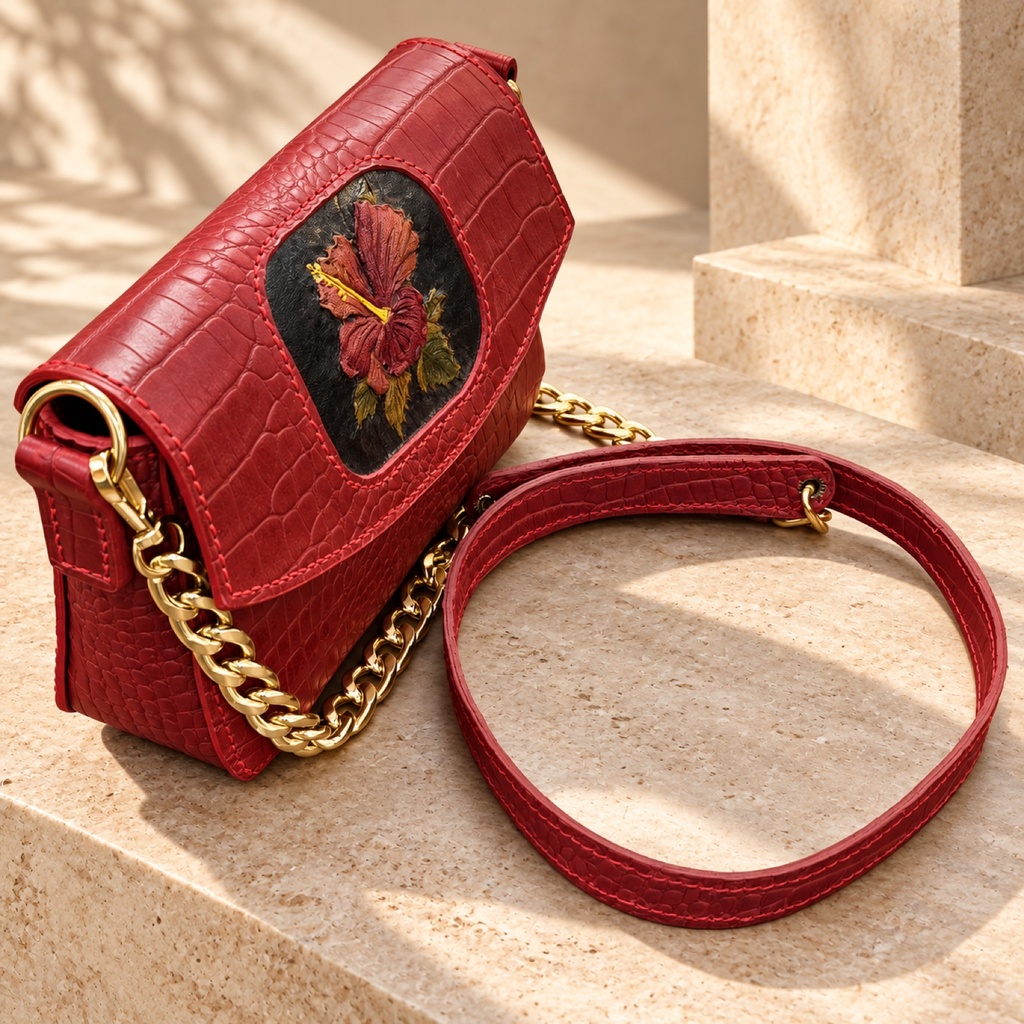 Hand-Painted Floral Croc-Embossed Crossbody Bag - Red 5