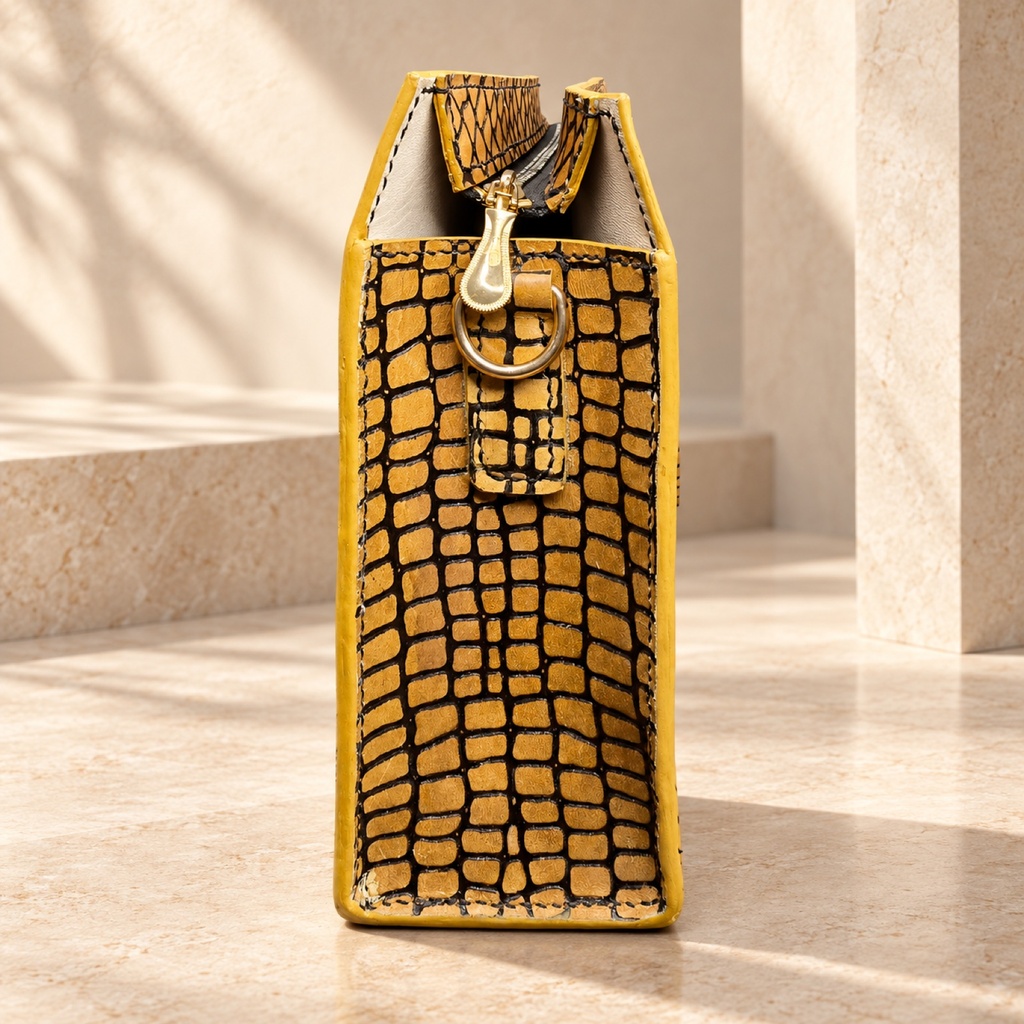 Croc-Embossed Leather Tote Bag - Mustard & Black 2