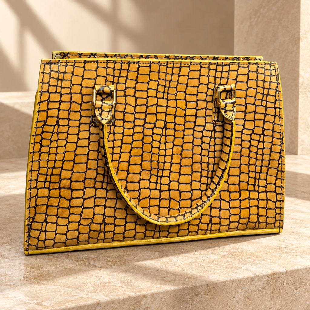 Croc-Embossed Leather Tote Bag - Mustard & Black 3