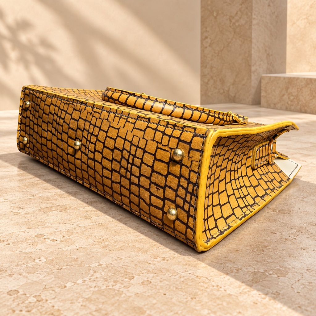 Croc-Embossed Leather Tote Bag - Mustard & Black 4