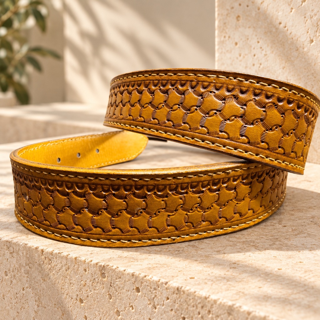 Men's Hand-Tooled Vegetable-Tanned Leather Belt - Havana 2