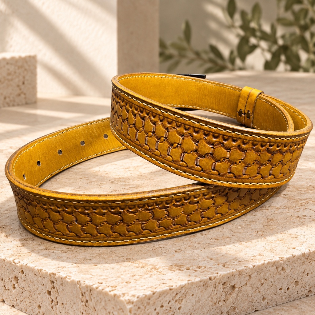 Men's Hand-Tooled Vegetable-Tanned Leather Belt - Havana 4
