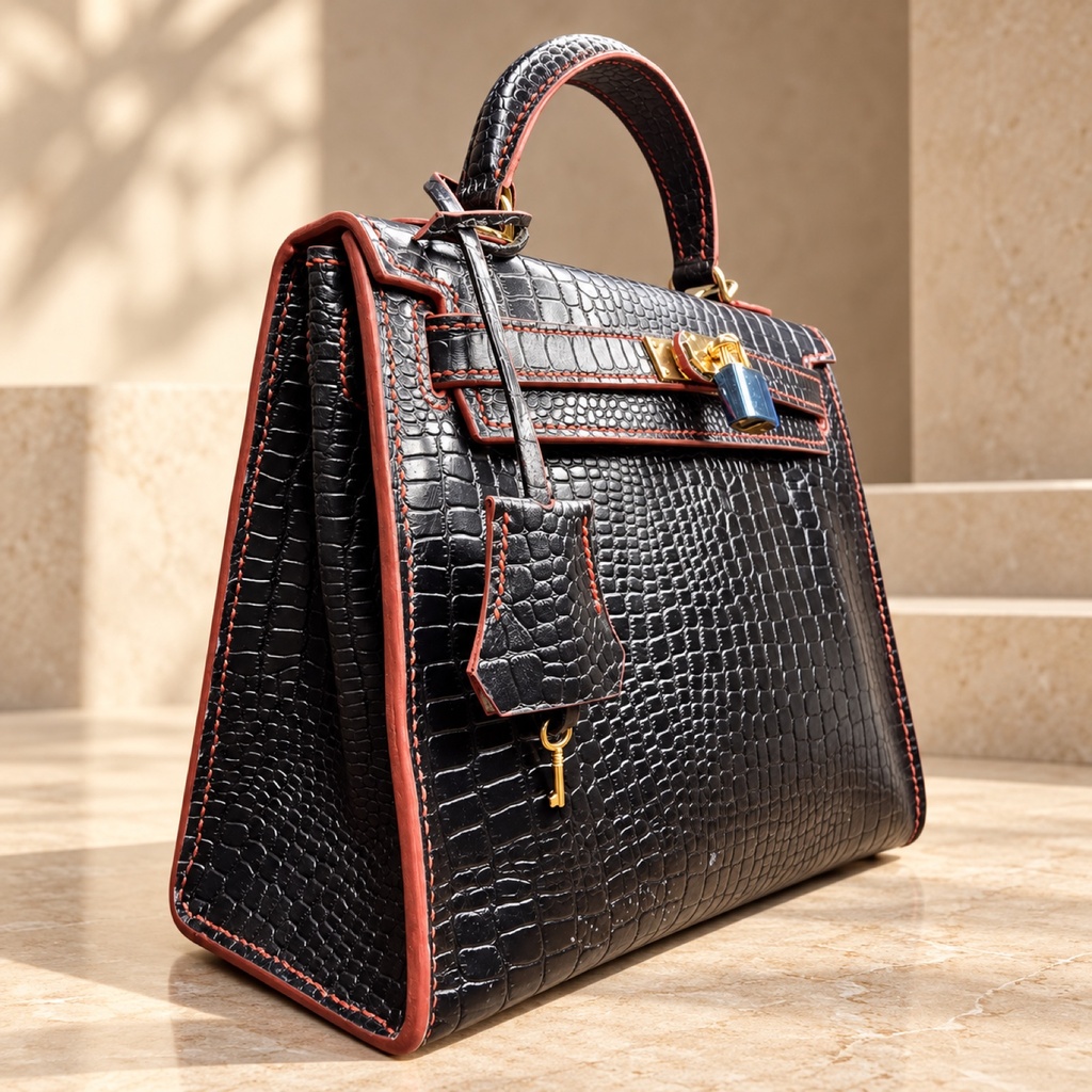 Kelly 28 Croc-Embossed Leather Bag - Black/Red 3
