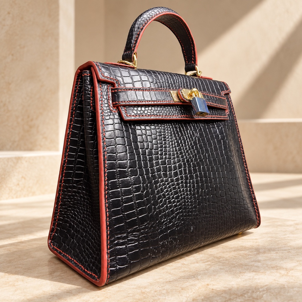 Kelly 28 Croc-Embossed Leather Bag - Black/Red 4