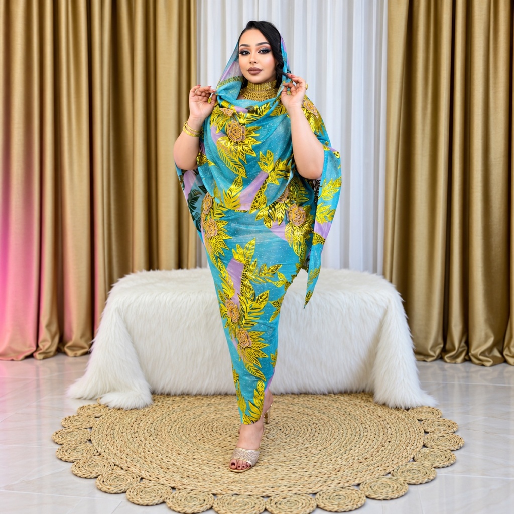 توب حرير مشغول طباعة وقليتر وكرستال (Silk Toub with Print, Glitter & Crystal)