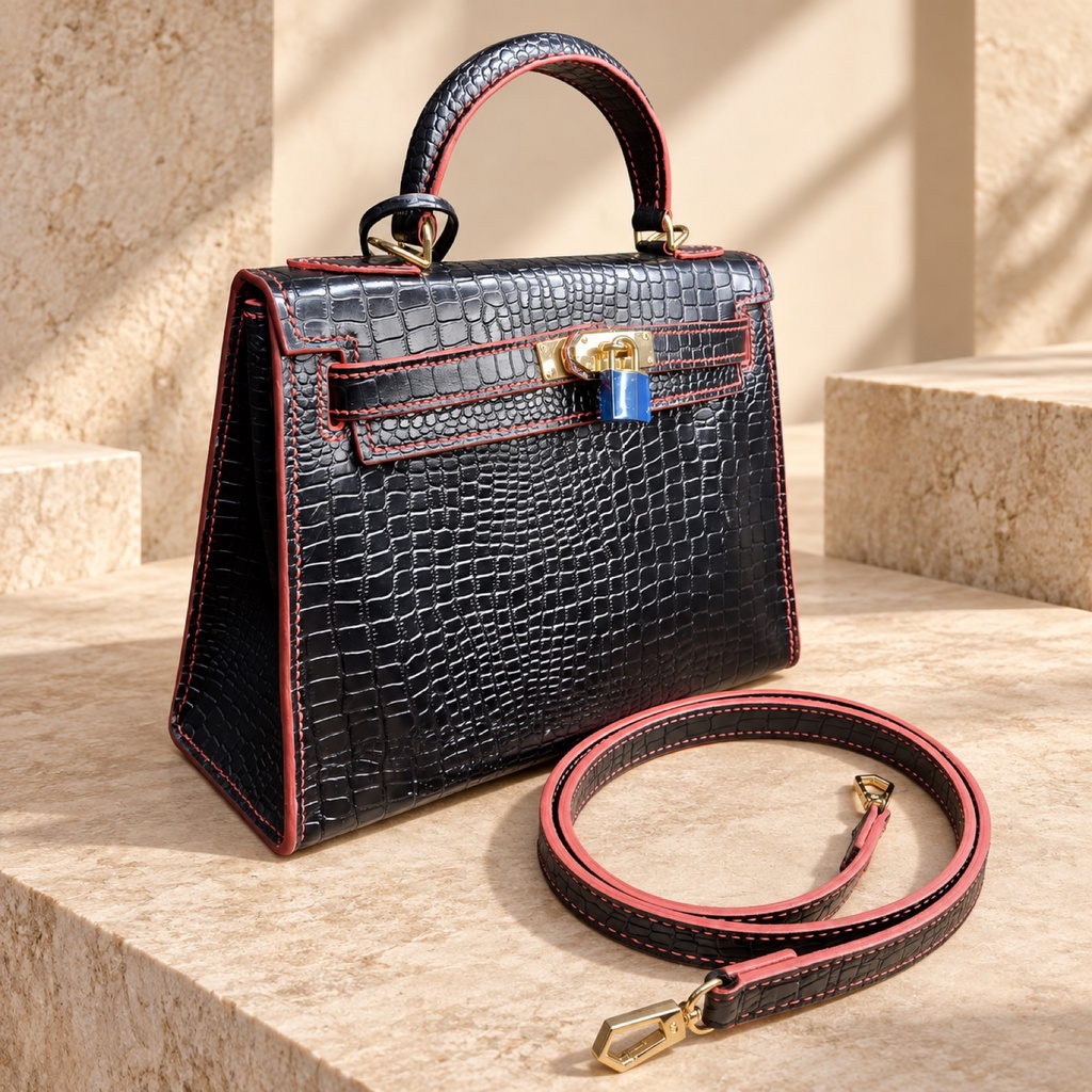 شنطة كيلي ٢٨ سم جلد نقشة تمساح - أسود بحواف حمراء (Kelly 28 Croc-Embossed Leather Bag - Black/Red)