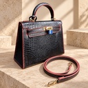 شنطة كيلي ٢٨ سم جلد نقشة تمساح - أسود بحواف حمراء (Kelly 28 Croc-Embossed Leather Bag - Black/Red)