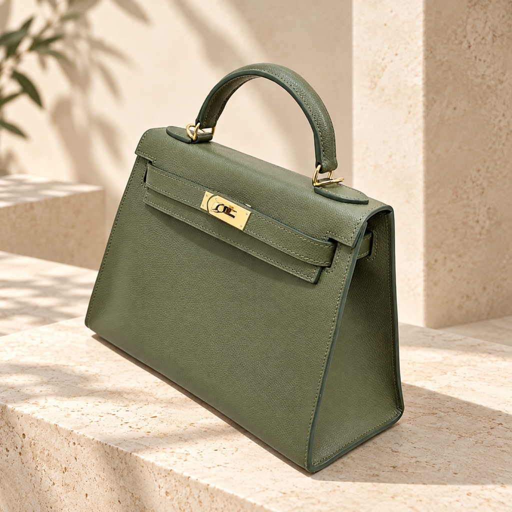 شنطة كيلي ٢٨ سم جلد سفيانو - أخضر زيتوني (Kelly 28 Saffiano Leather Bag - Olive Green)