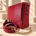Croc-Embossed Leather Crossbody Bag with Butterfly Clasp - Red