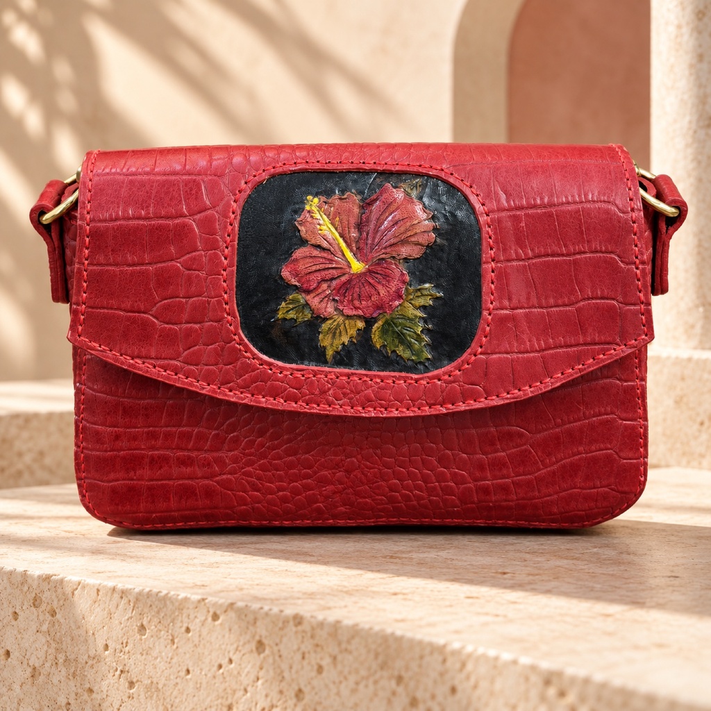 Hand-Painted Floral Croc-Embossed Crossbody Bag - Red