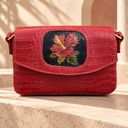 Hand-Painted Floral Croc-Embossed Crossbody Bag - Red