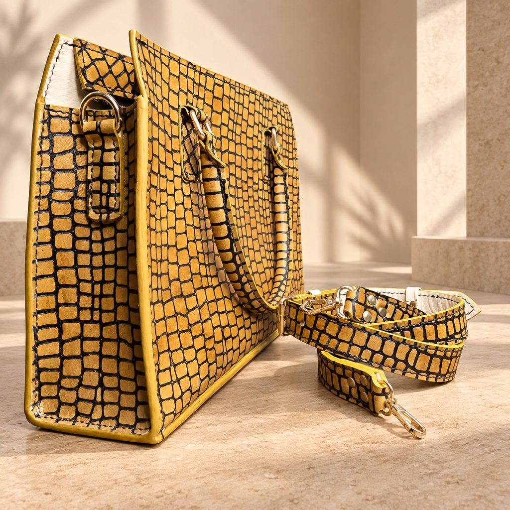 شنطة توت جلد نقشة تمساح - مستردي وأسود (Croc-Embossed Leather Tote Bag - Mustard & Black)
