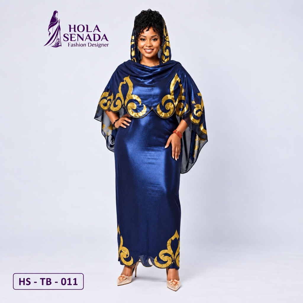 توب كحلي حرير لامي برسومات ذهبية (Navy & Gold Lamé Silk Toub)
