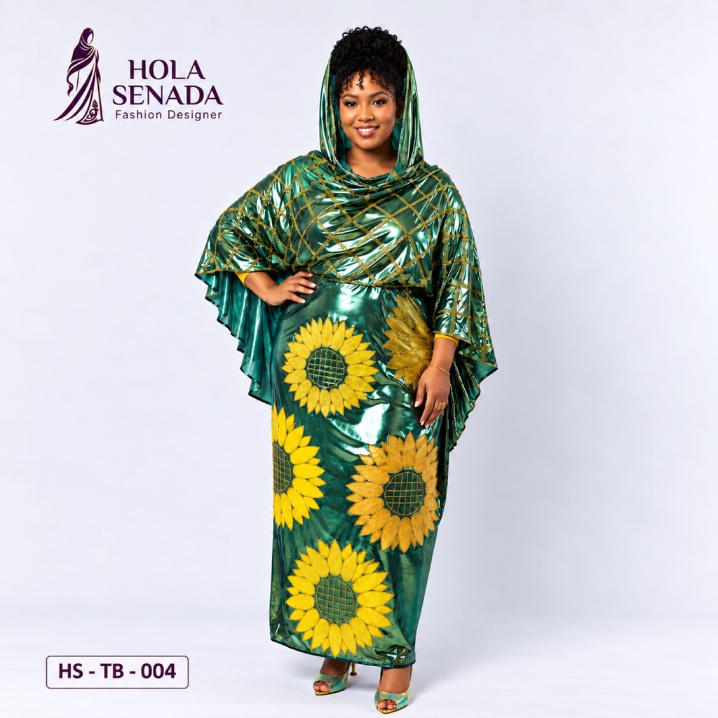 توب أخضر ميتاليك حرير لامي مرسوم يدويًا (Metallic Green Hand-Painted Lamé Silk Toub)