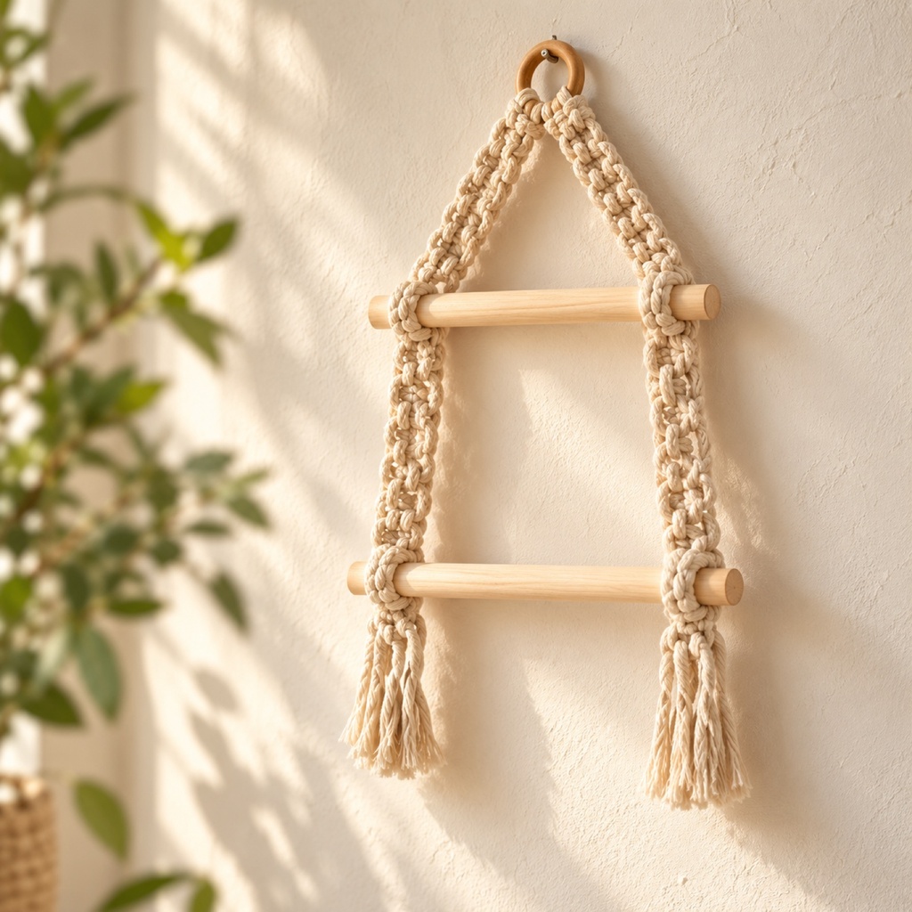 Macrame Ladder Hanger with Two Wooden Rods