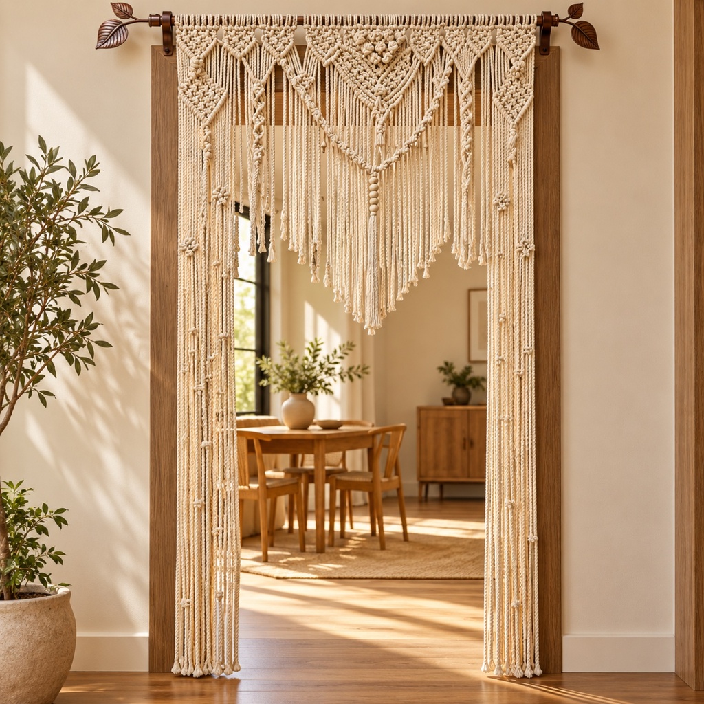 ستارة باب ماكرامية كريمي كبيرة (Large Cream Macrame Door Curtain)