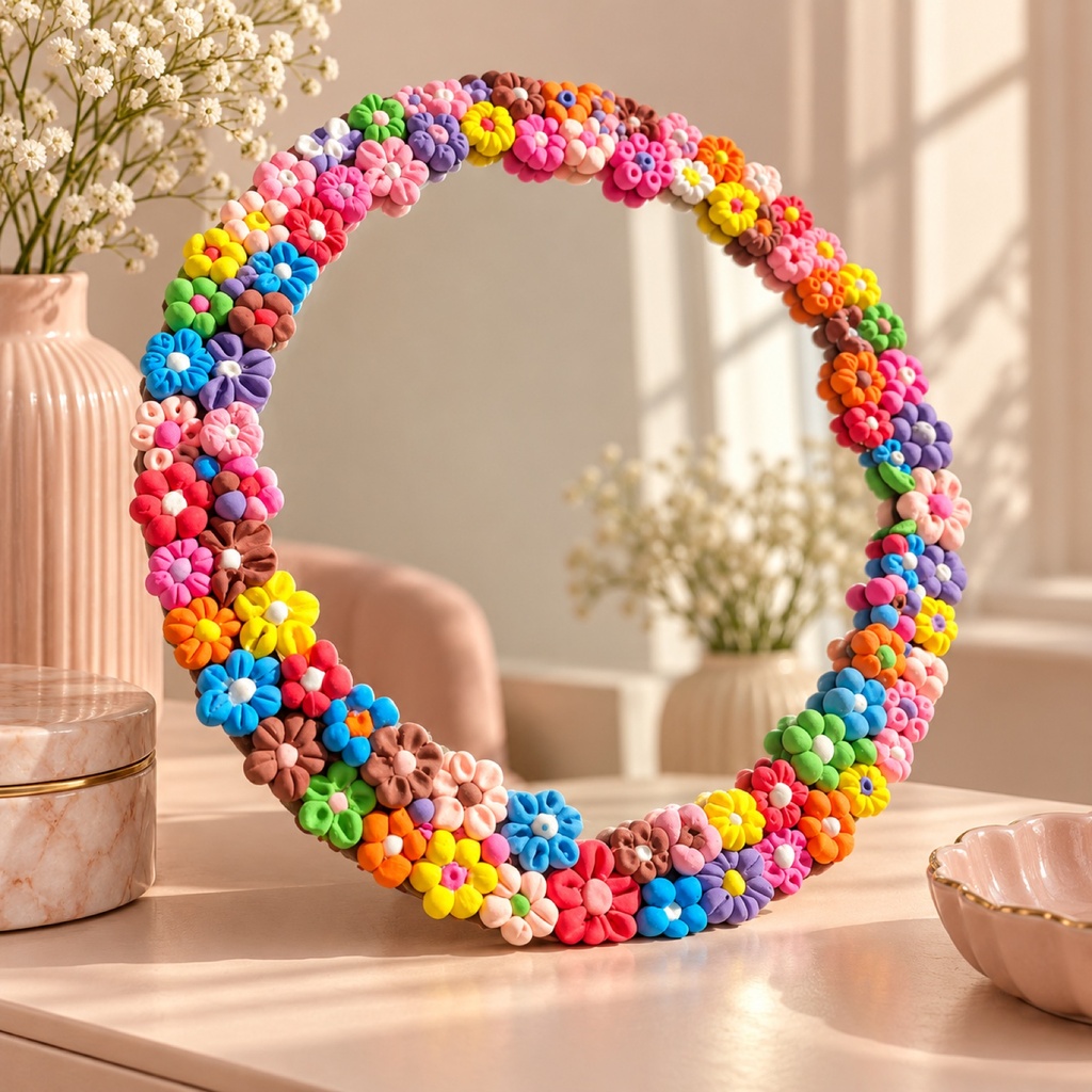 Round Mirror with Colourful Flower Frame