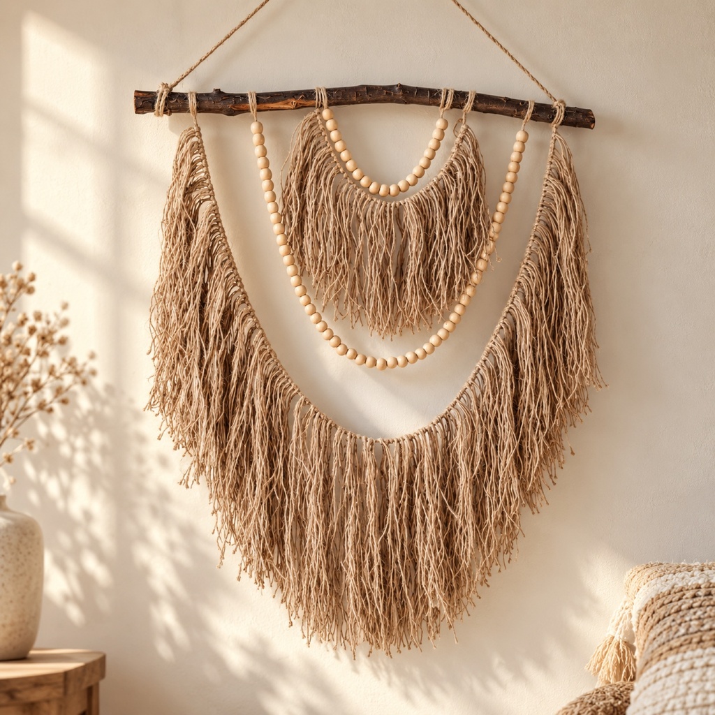 تعليقة حيطة بوهيمي بلون الجوت على فرع شجر (Boho Jute-Tone Fringe Wall Hanging on Branch)