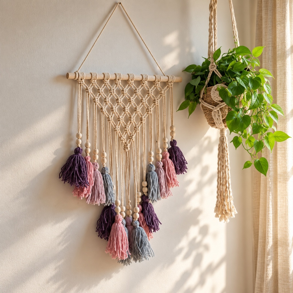 تعليقة ماكرامية بشراشيب موف ووردي ورمادي (Macrame Wall Hanging with Purple, Pink & Grey Tassels)
