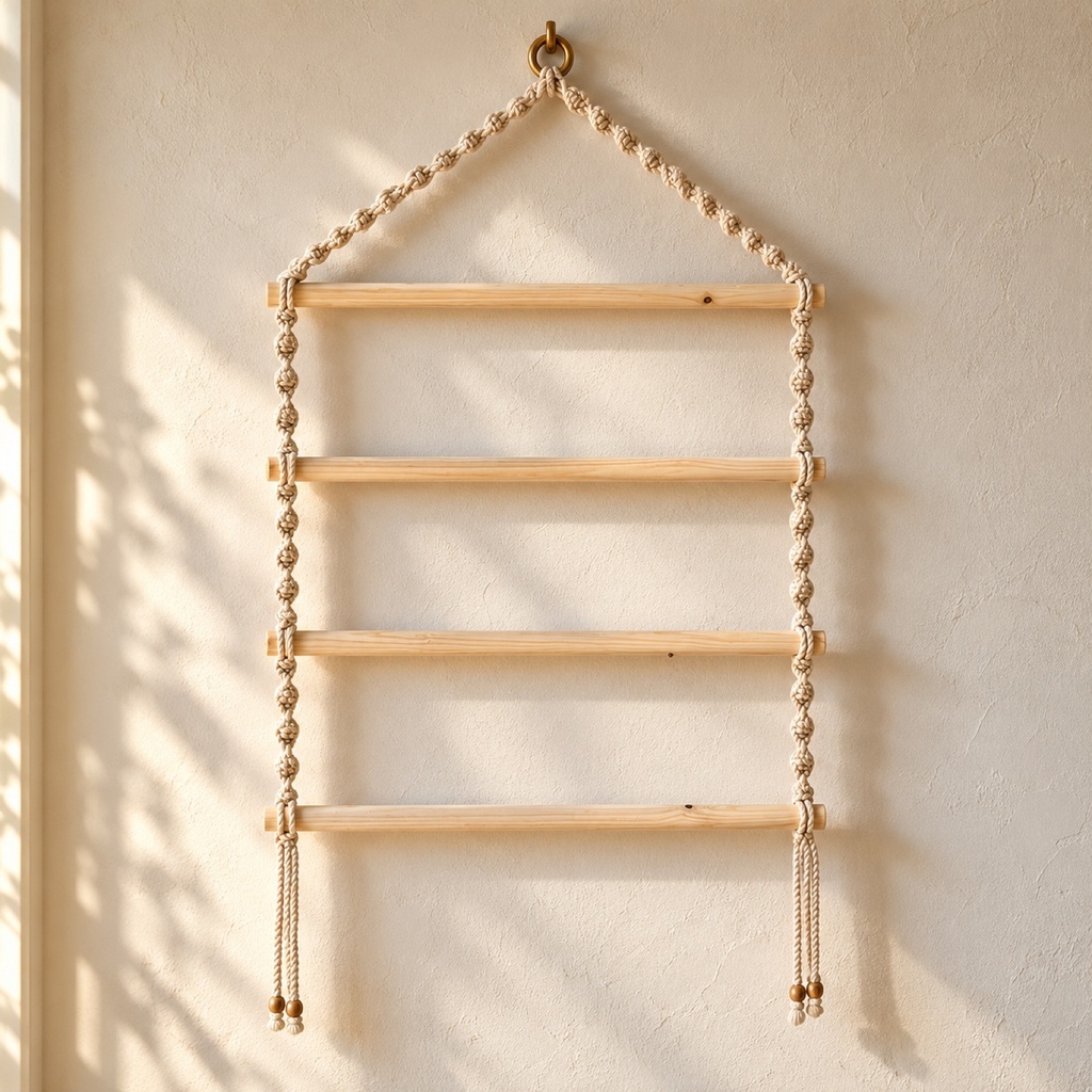 رف/علاقة ماكرامية ٤ عصيان خشب (4-Rung Macrame Wall Ladder)