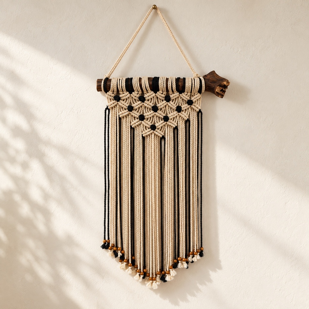 تعليقة ماكرامية كريمي وأسود على فرع خشب (Cream & Black Macrame Wall Hanging on Driftwood)