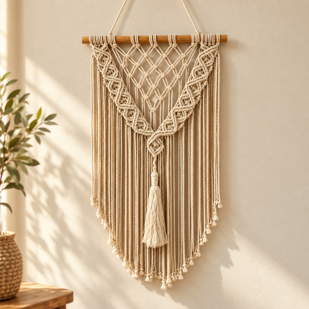 Cream Macrame Wall Hanging with V Pattern & Tassel
