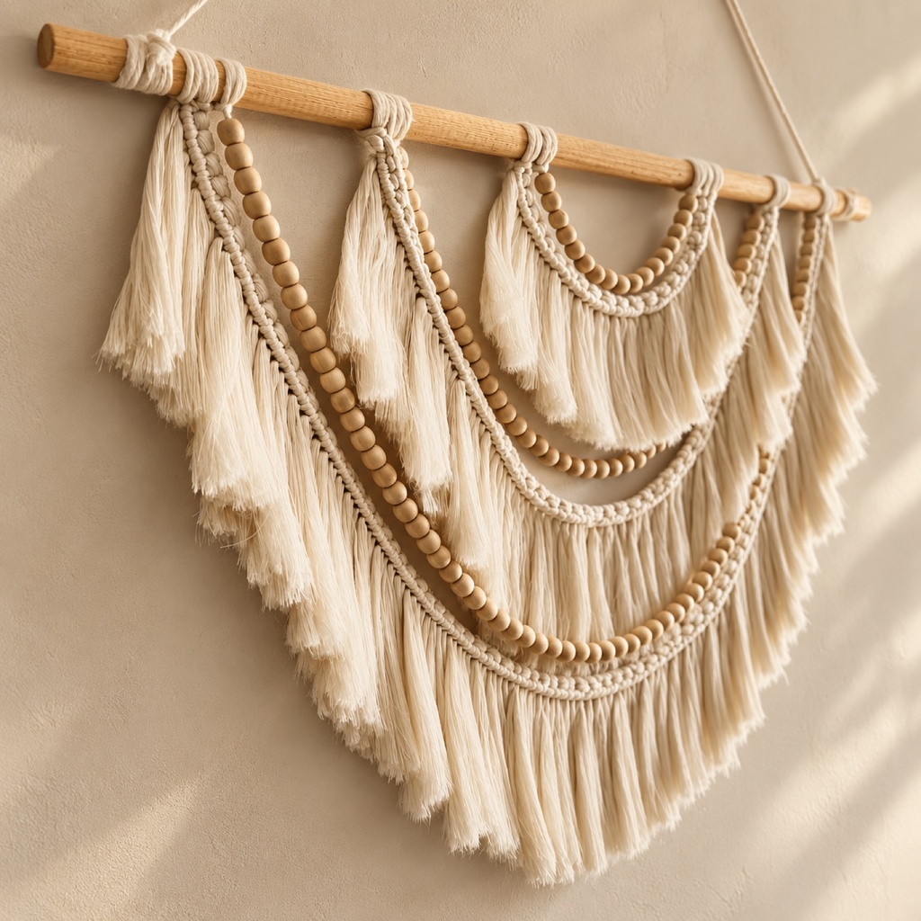 تعليقة حيطة كريمي ٣ طبقات بخرز خشب فاتح (3-Tier Cream Fringe Wall Hanging with Light Wood Beads)