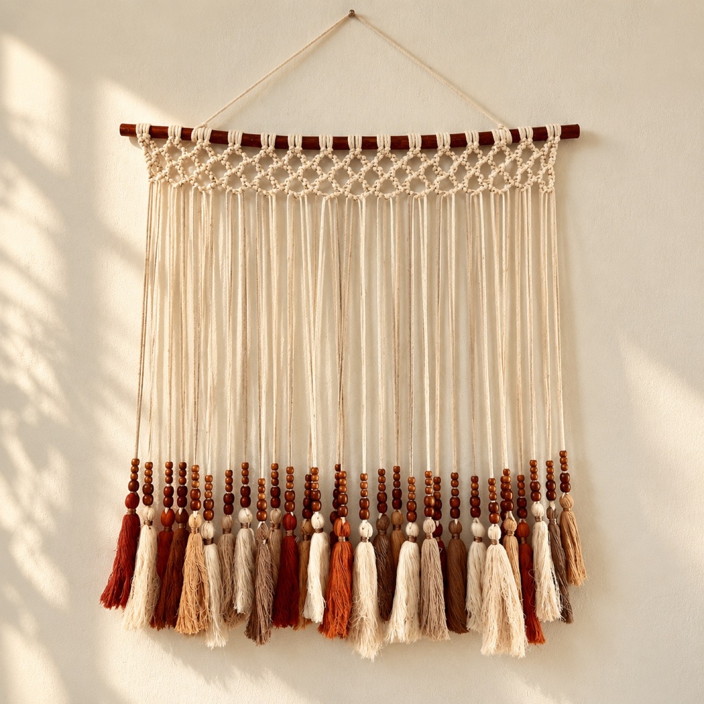 تعليقة ماكرامية عريضة بشراشيب طوبي وبيج (Wide Macrame Wall Hanging with Rust & Beige Tassels)