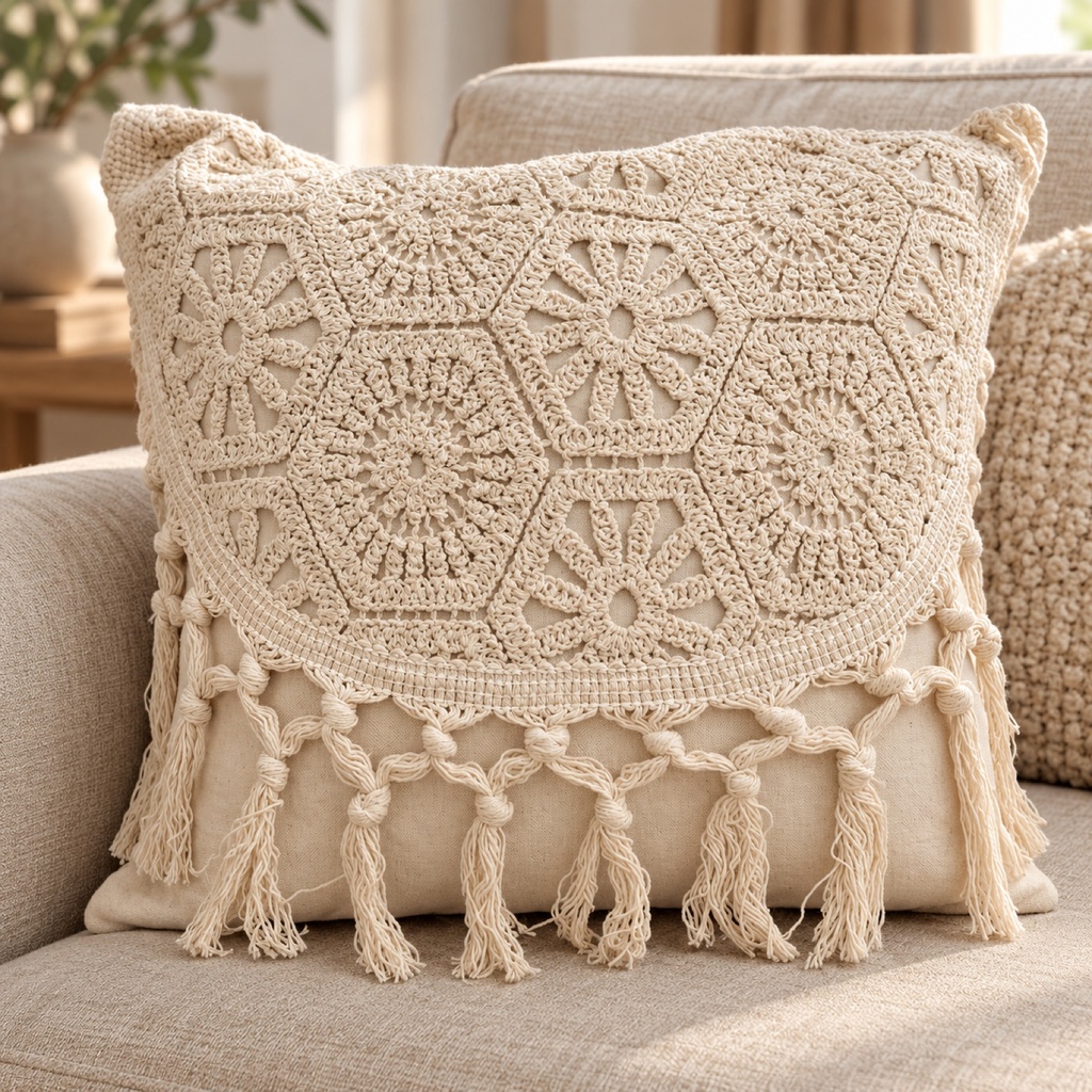 كيس مخدة كروشيه بموتيفات سداسية وعُقد (Crochet Hexagon Cushion Cover with Knotted Fringe)