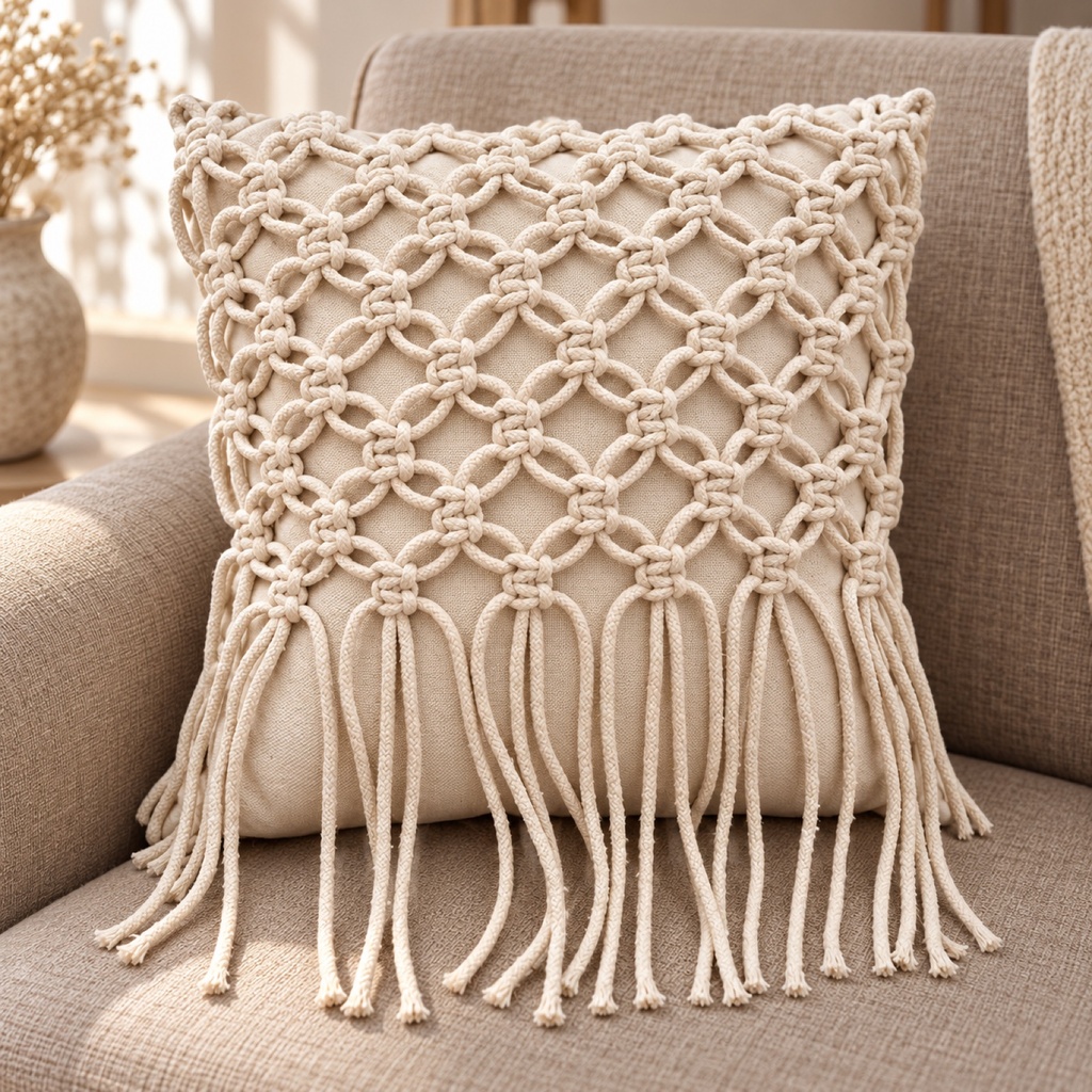 Macrame Ring-Knot Cushion Cover with Long Fringe