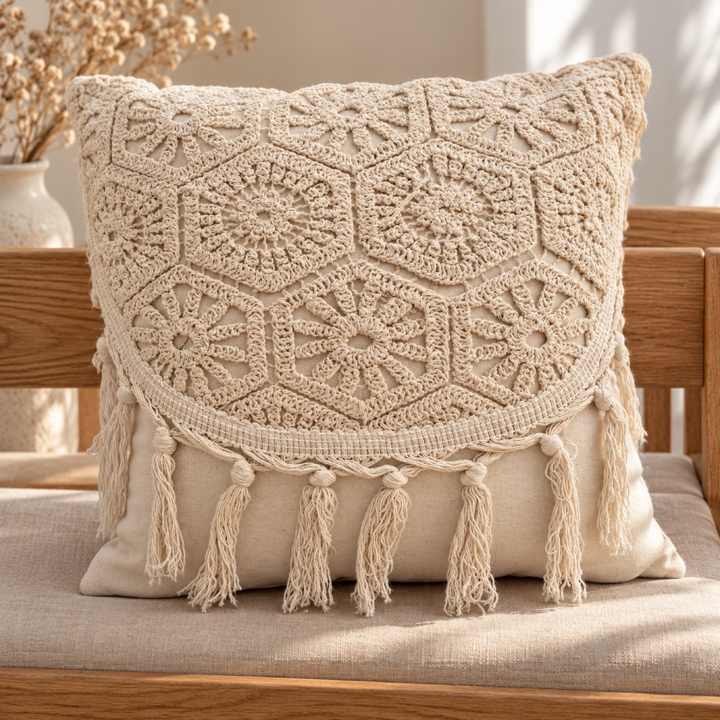 كيس مخدة كروشيه سداسي بشراشيب (Crochet Hexagon Cushion Cover with Tassels)