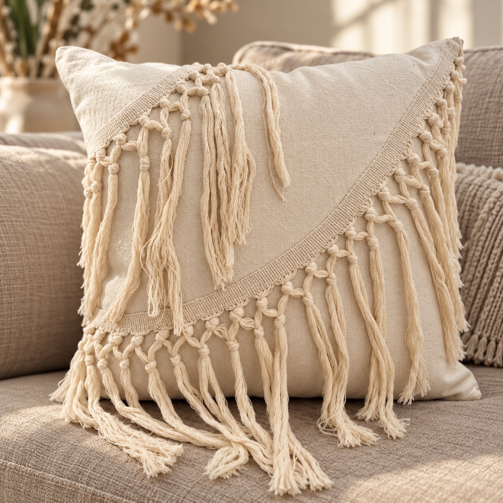 Cream Cushion Cover with Diagonal Macrame Fringe