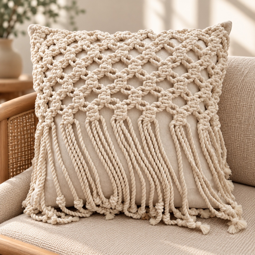كيس مخدة ماكرامي بحبال مبرومة سميكة (Chunky Twisted-Rope Macrame Cushion Cover)