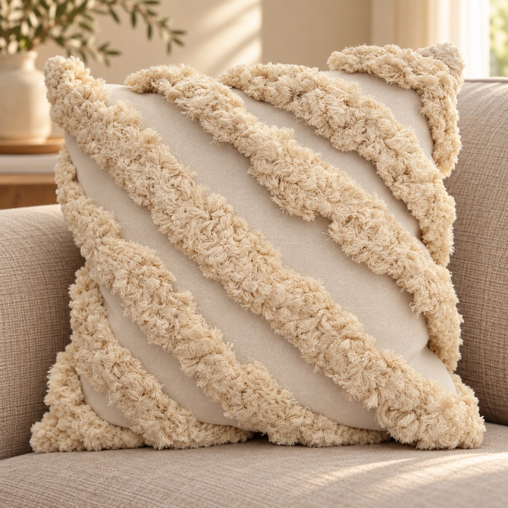 كيس مخدة كريمي بخطوط منفوشة مايلة (Cream Cushion Cover with Diagonal Fluffy Stripes)