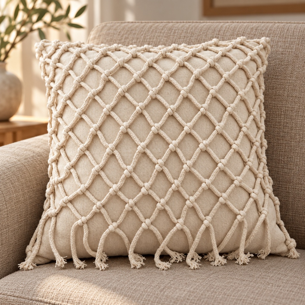 كيس مخدة بشبكة ماكرامي معيّنات (Diamond-Net Macrame Cushion Cover)