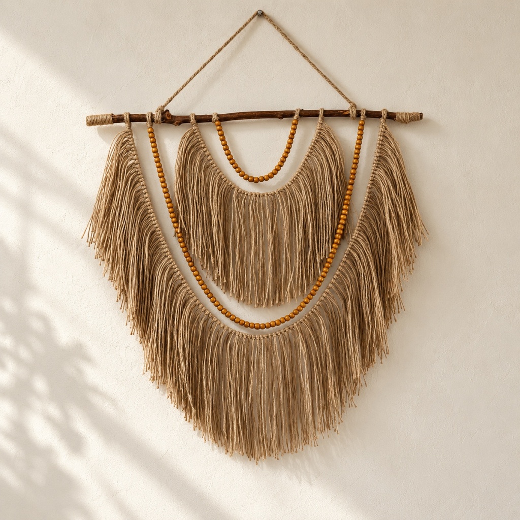 تعليقة حيطة بلون الجوت طبقتين بخرز عسلي (Jute-Tone 2-Tier Fringe Wall Hanging with Honey Beads)