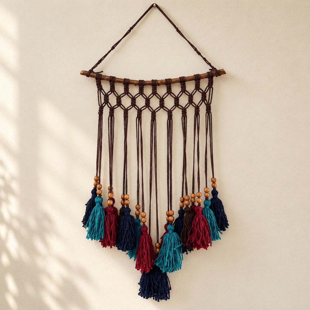 Macrame Wall Hanging with Navy, Teal & Burgundy Tassels