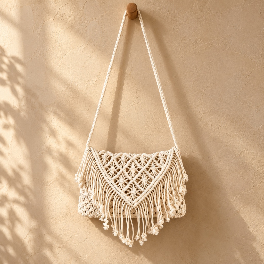 شنطة كتف ماكرامي كريمي بقلاب شراشيب (Cream Macrame Shoulder Bag with Fringed Flap)