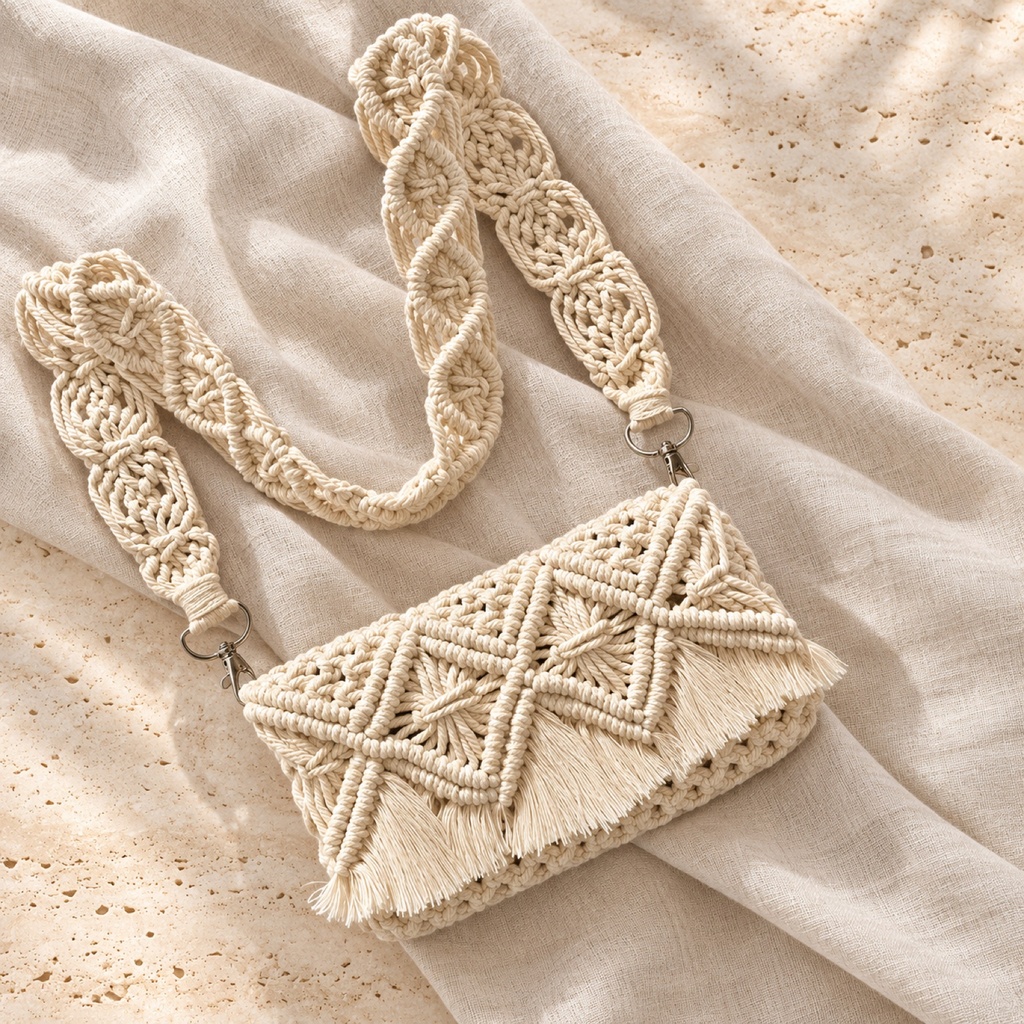 شنطة كروس ماكرامي كريمي بحزام قابل للفك (Cream Macrame Crossbody Bag with Detachable Strap)