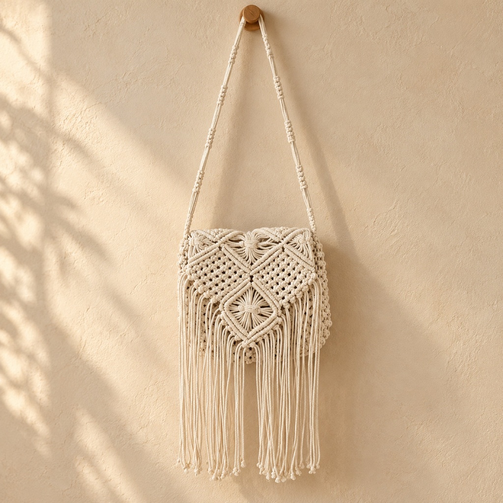 شنطة ماكرامي كريمي بشراشيب طويلة (Cream Macrame Bag with Long Fringe)