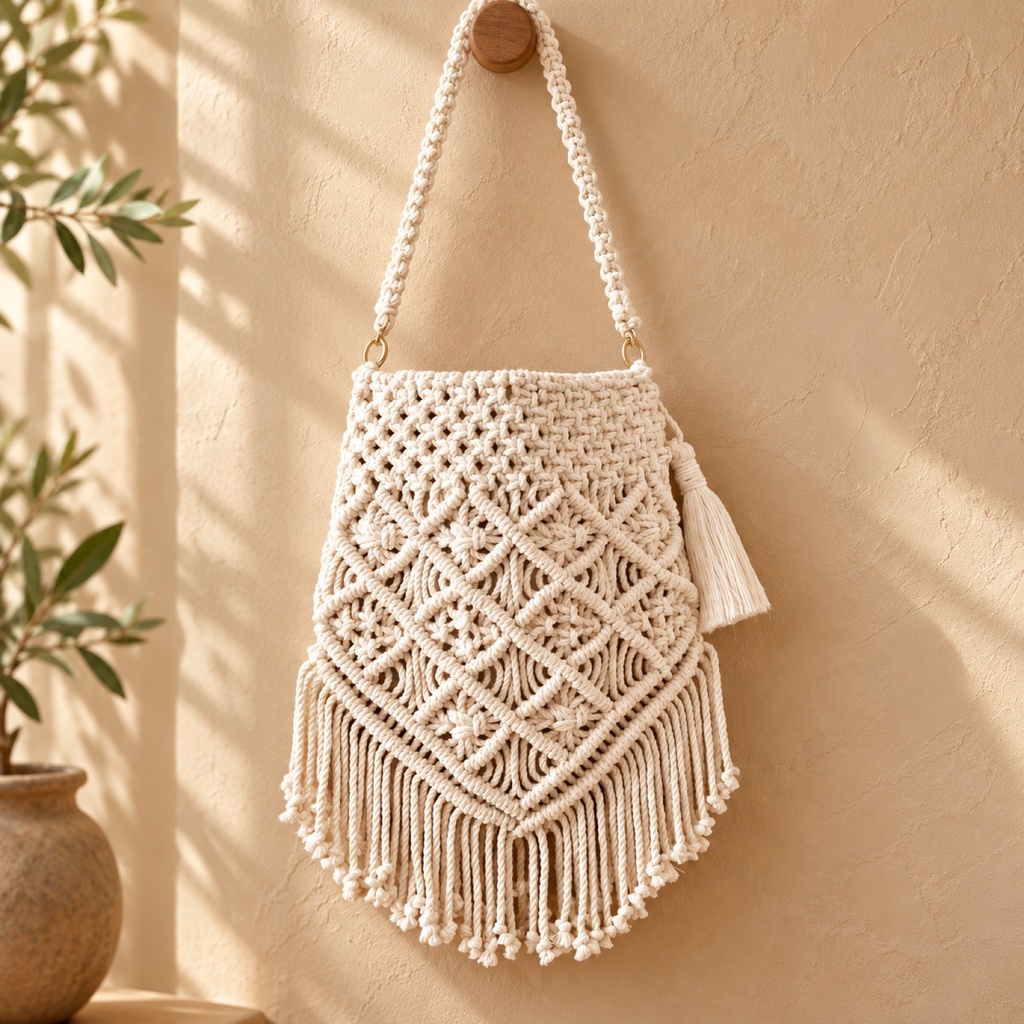 شنطة ماكرامي كريمي بنقشة معيّنات وشرّابة جانبية (Cream Macrame Shoulder Bag with Diamond Pattern & Side Tassel)