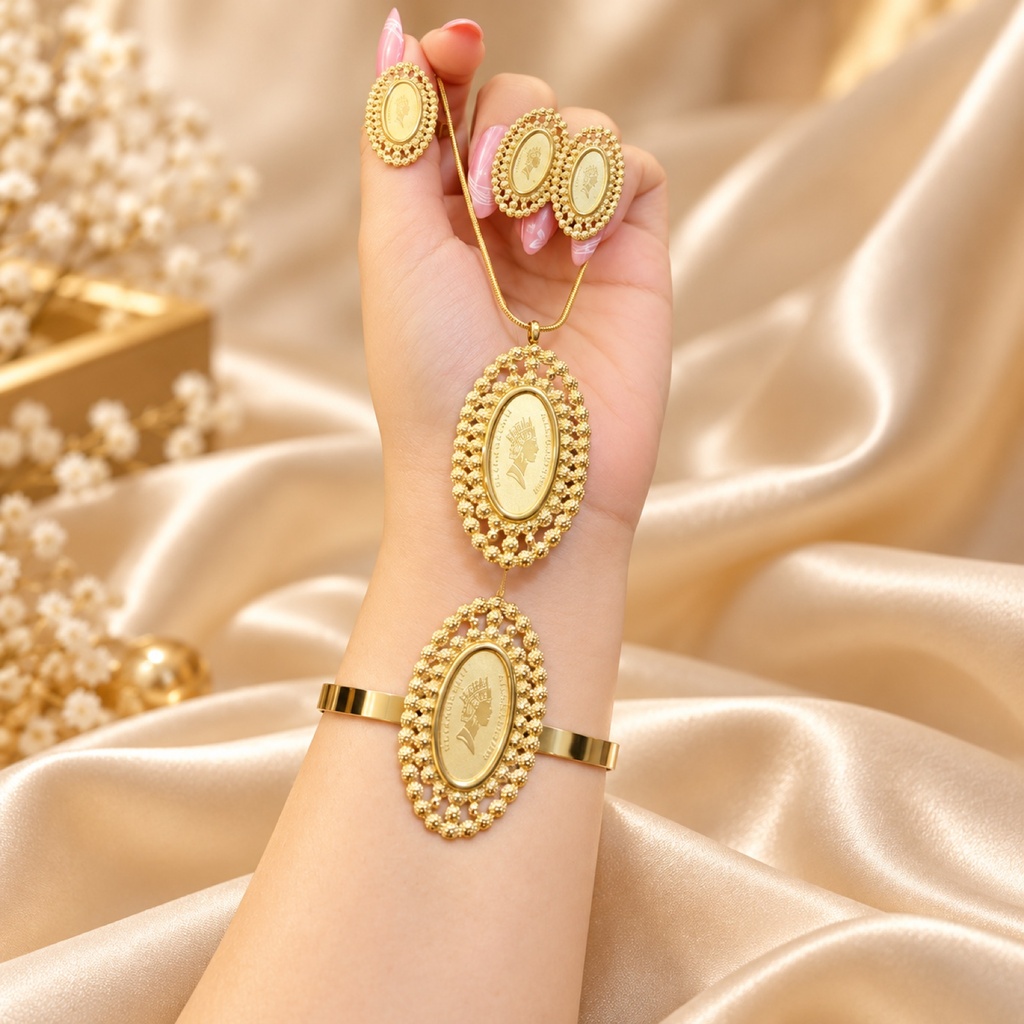 طقم ليرة بيضاوي بإطار خرز ذهبي اللون (Gold-Tone Oval Coin Set with Beaded Border)